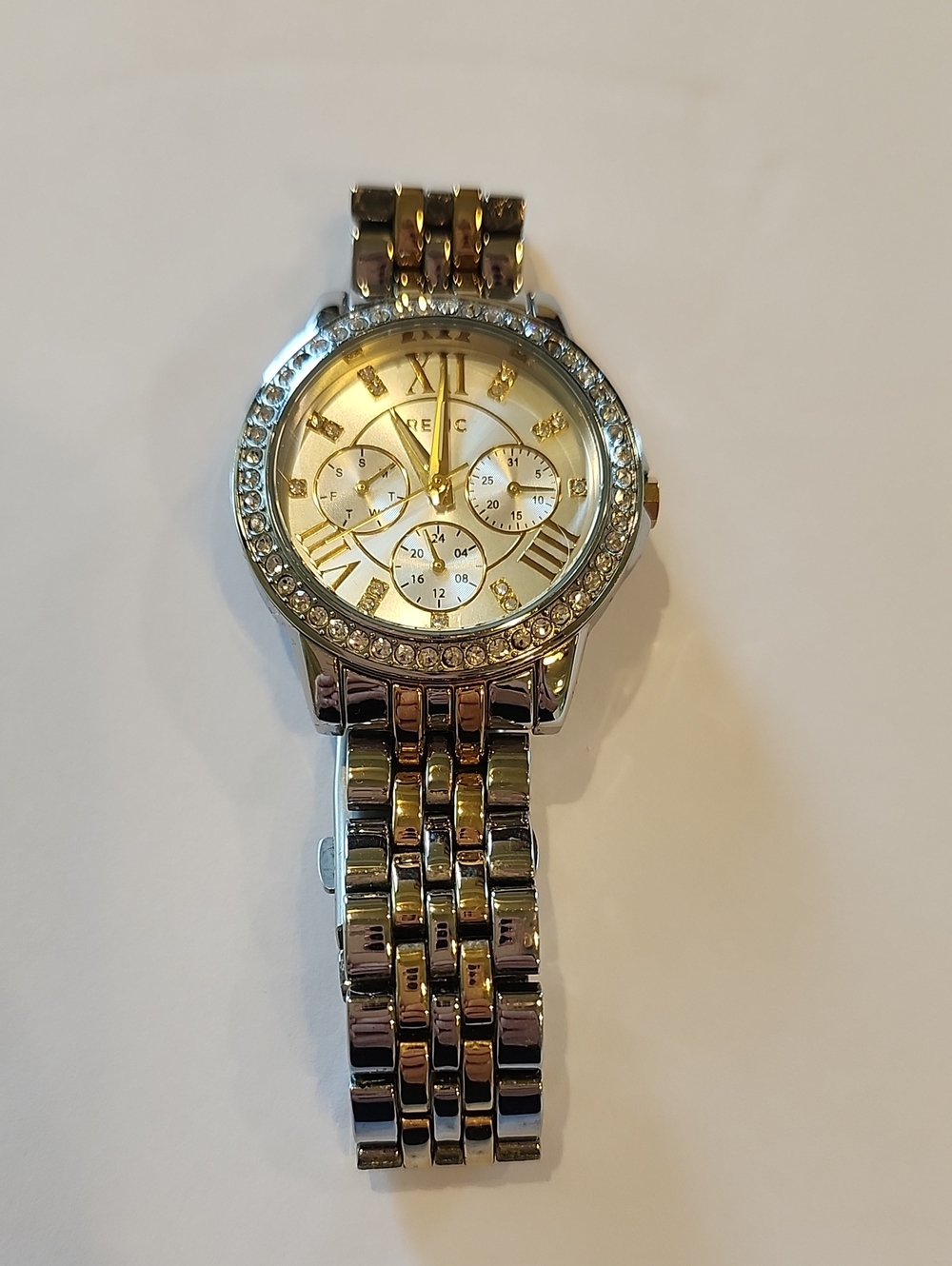 Relic Gold And Silver Tones Watch With Crystal Bezel And Crystal Numerals